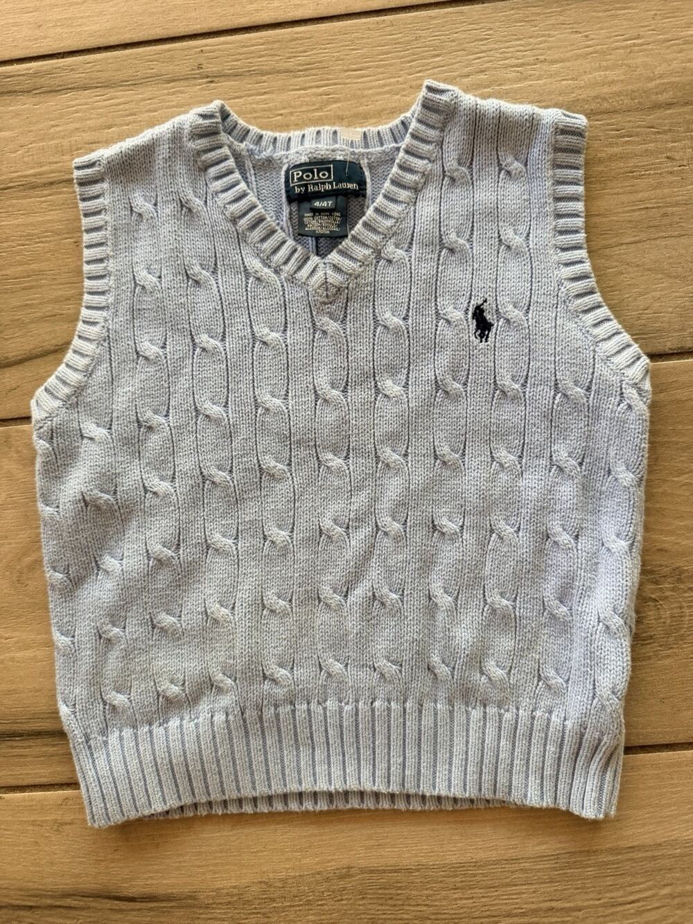 Polo Ralph Lauren Sweater Vest Light Blue V Neck Cable Knit Cotton Kids Baby 4T